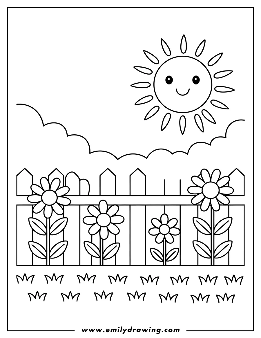Outline of a smiling sun above clouds, with a fence and three flowers in a garden scene.