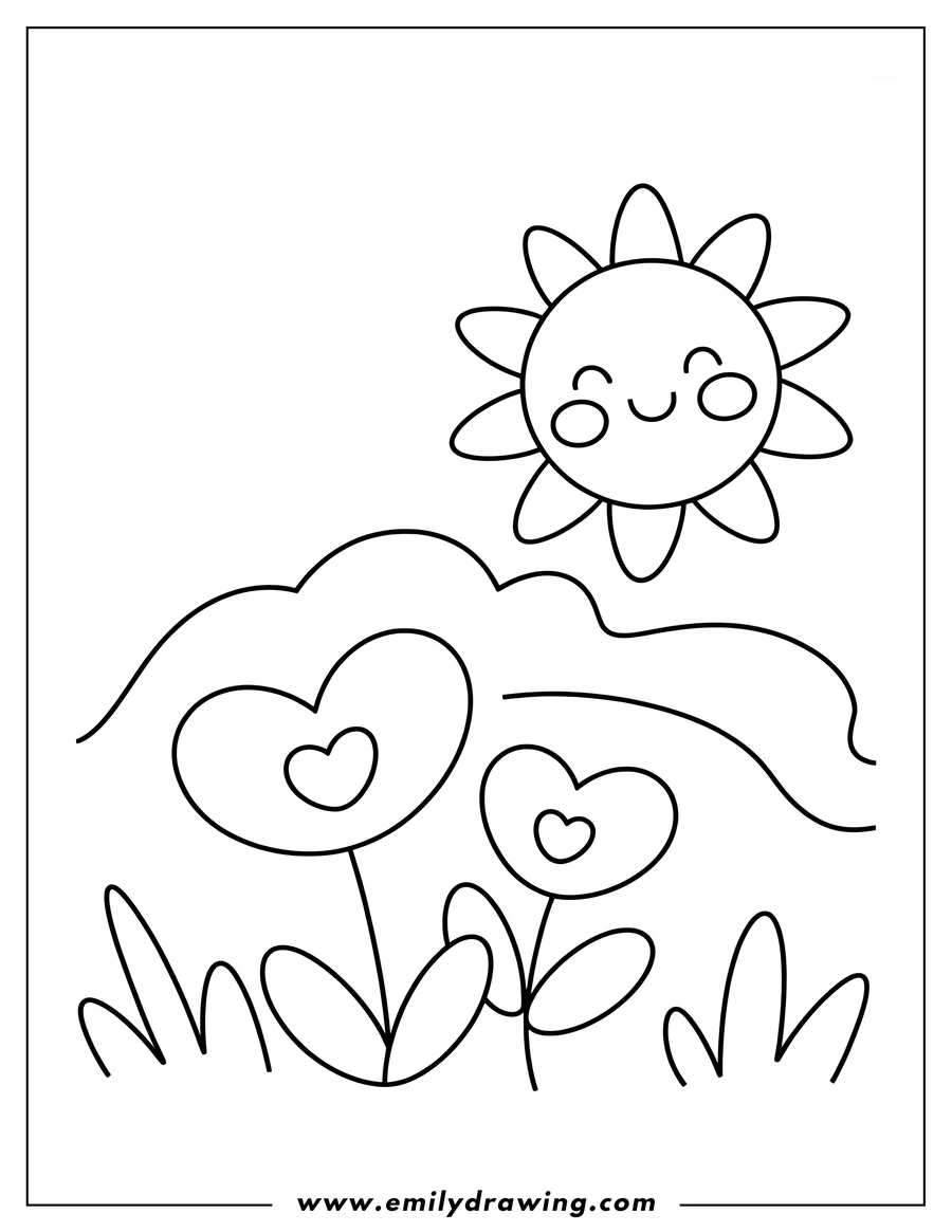 Outline of a smiling cartoon sun shining above two tall, stylized flowers with heart centers, set in a simple doodle landscape of grass and a cloud line.