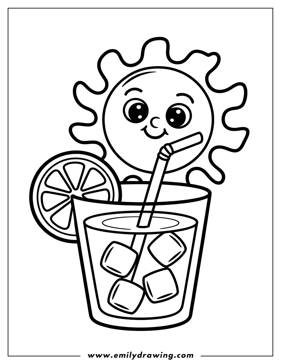 Outline of a cartoon sun character happily sipping a cold, iced drink from a glass with a straw and a slice of lemon on the rim.