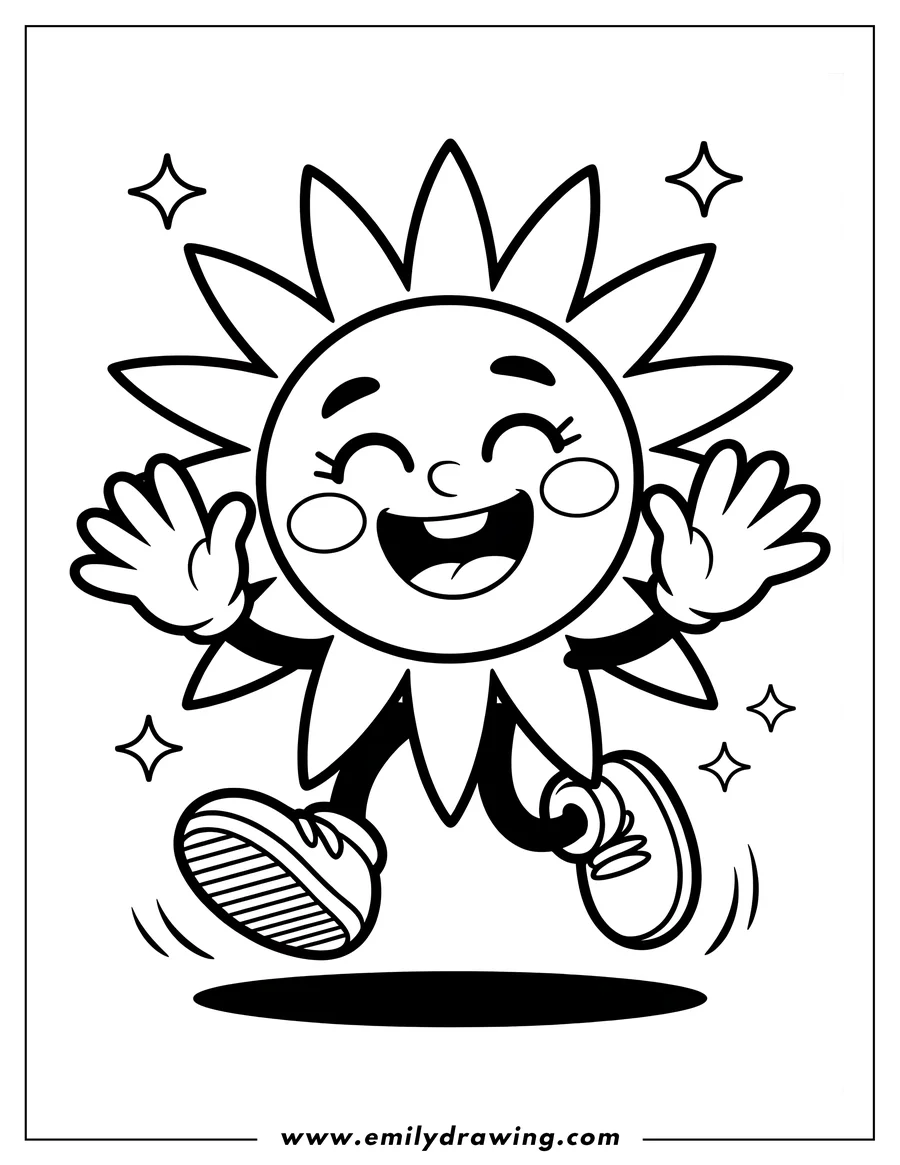 Outline of an anthropomorphic cartoon sun cheerfully jumping and waving its hands while wearing large sneakers. Sparkles surround the character.
