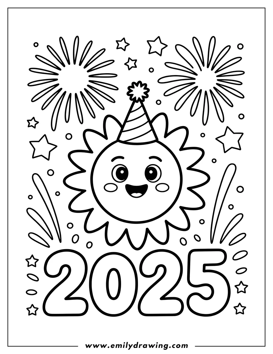 Outline of a cheerful cartoon sun character wearing a striped party hat, surrounded by stars and fireworks, standing above the large block numbers 2025.