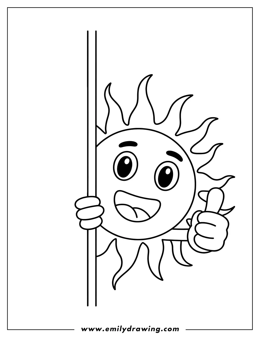 Outline of a cheerful cartoon sun with wavy rays, smiling widely as it peeks out from behind a vertical pole and gives a thumbs up gesture.