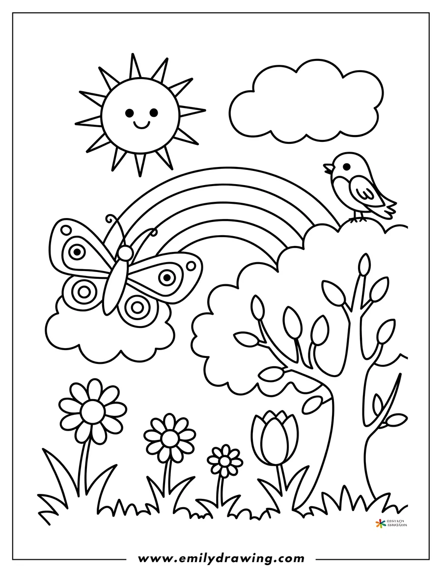 Outline of a cheerful smiling sun and a large rainbow arching over a spring scene. A decorative butterfly and a small bird perched on a cloud are also visible, along with flowers and a tree.