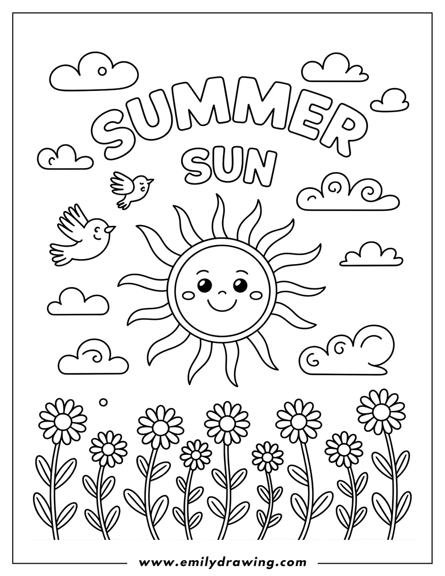 Line art showing a large, smiling sun character above a field of tall daisy-like flowers. Two flying birds and several simple clouds fill the sunny sky. The words 'SUMMER SUN' are prominently drawn at the top.