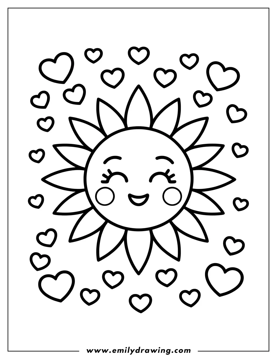 Outline of a cartoon sun with a happy, closed-eye expression, surrounded by many floating hearts.