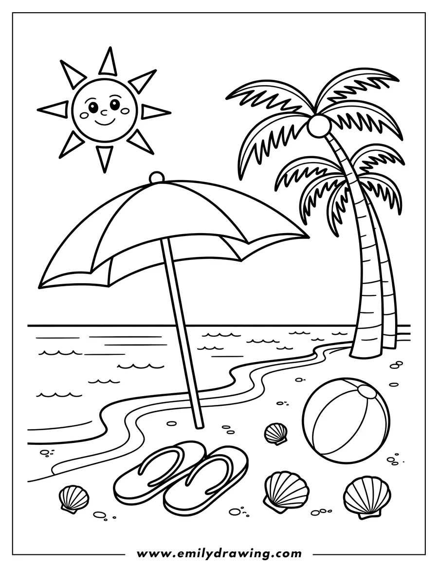 Outline of a sunny beach scene featuring a smiling sun in the sky, a large beach umbrella, a palm tree, flip-flops, a beach ball, and several seashells scattered on the sand near the water.