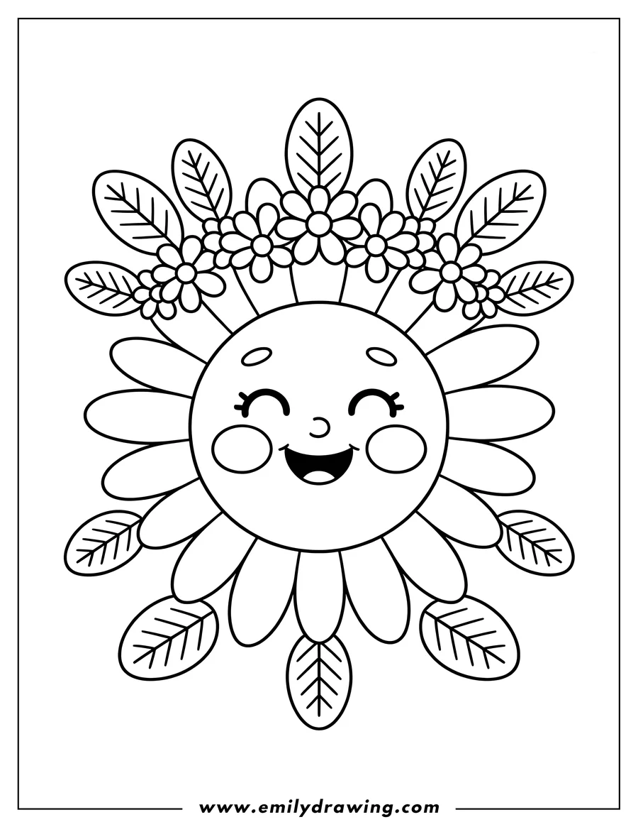 Outline of a smiling, kawaii sun character with large petals. The sun is decorated with a crown of small daisy-like flowers and large leaves.