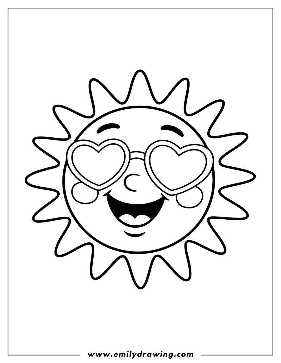 Outline of a cheerful cartoon sun with wavy rays, smiling widely while wearing large heart-shaped sunglasses.