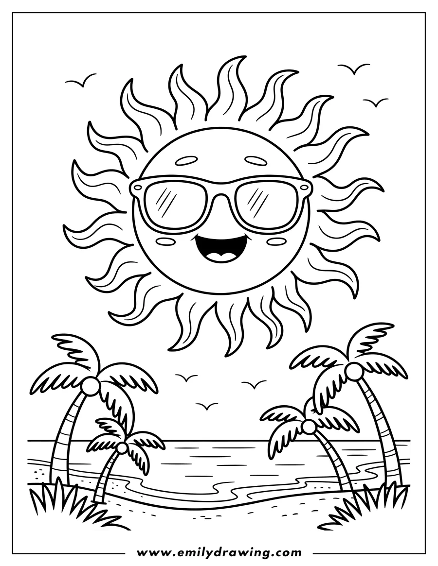 Line art of a cartoon sun wearing sunglasses and smiling, positioned high above a tropical beach scene with palm trees and ocean waves.