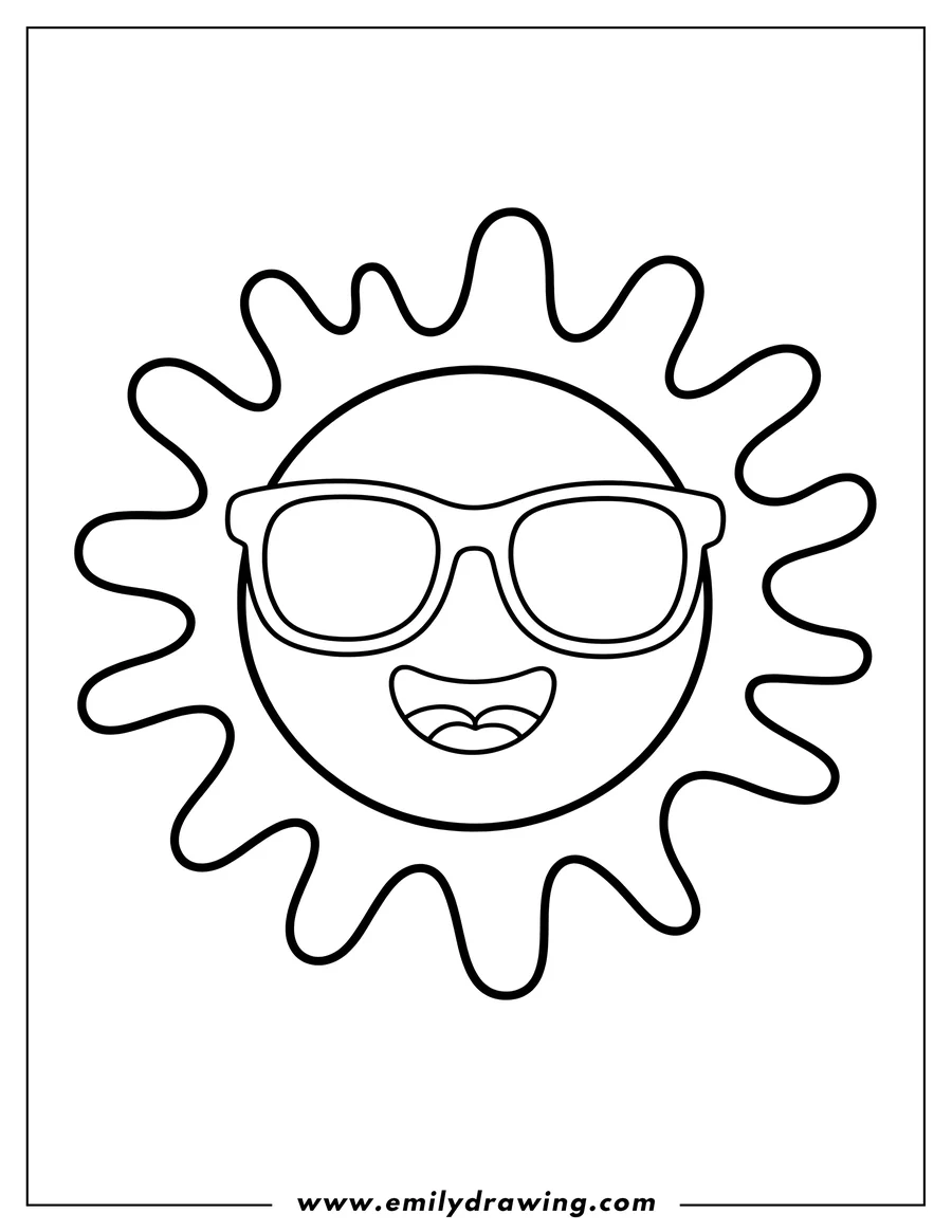 Outline of a cartoon sun with wavy rays wearing large sunglasses and smiling brightly, perfect for summer coloring activities.