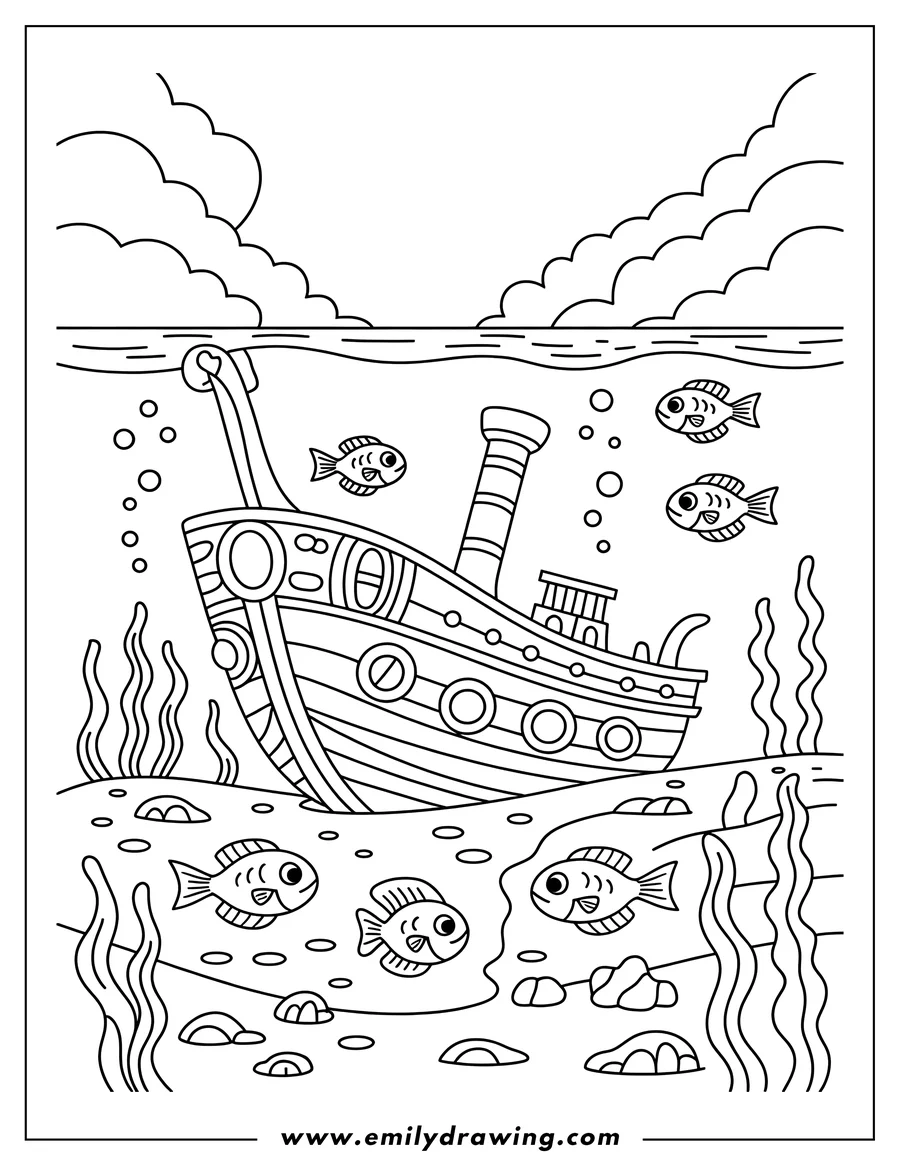 Outline of a sunken ship resting on the seabed, surrounded by small fish and seaweed. Bubbles float towards the surface of the water.