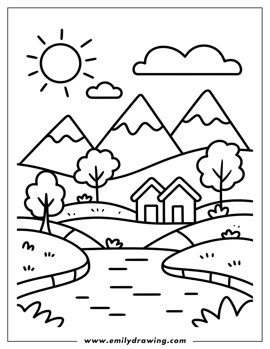 Outline of a cheerful natural landscape featuring a bright sun in the sky, three snow-capped mountains, two small houses nestled in the hills, and a river flowing in the foreground.