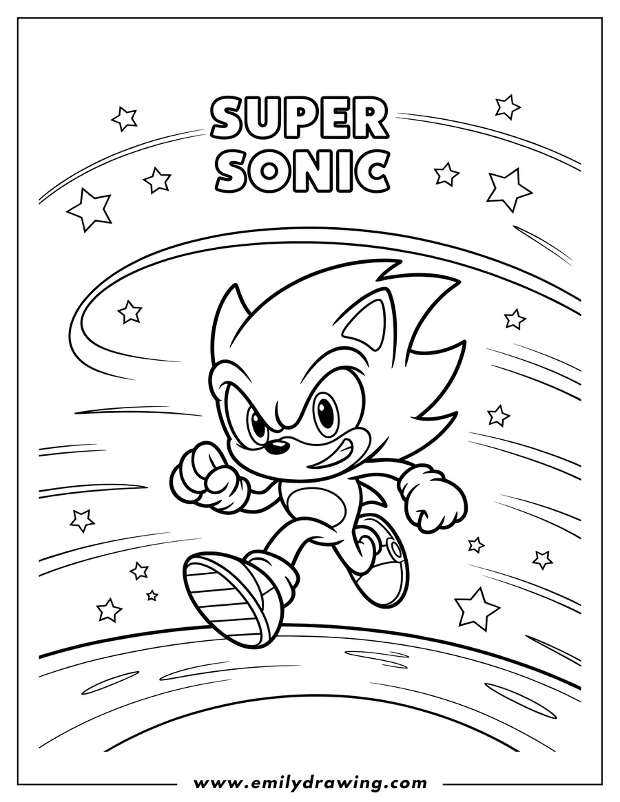 Line art of Super Sonic, the hedgehog character, running at high speed with motion lines and stars around him