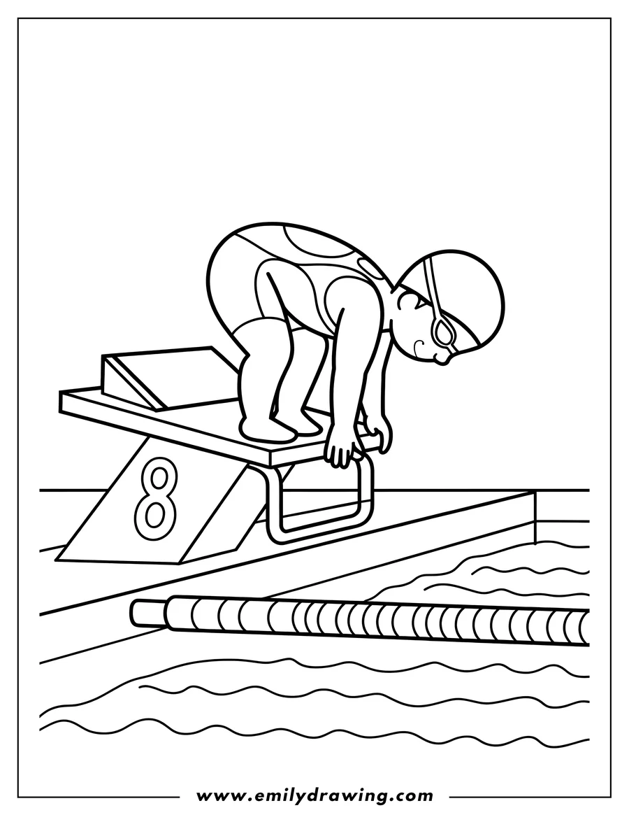 Line art of a swimmer in a swimsuit, cap, and goggles, crouched on a starting block with the number 8 on it, ready to jump into a swimming pool.