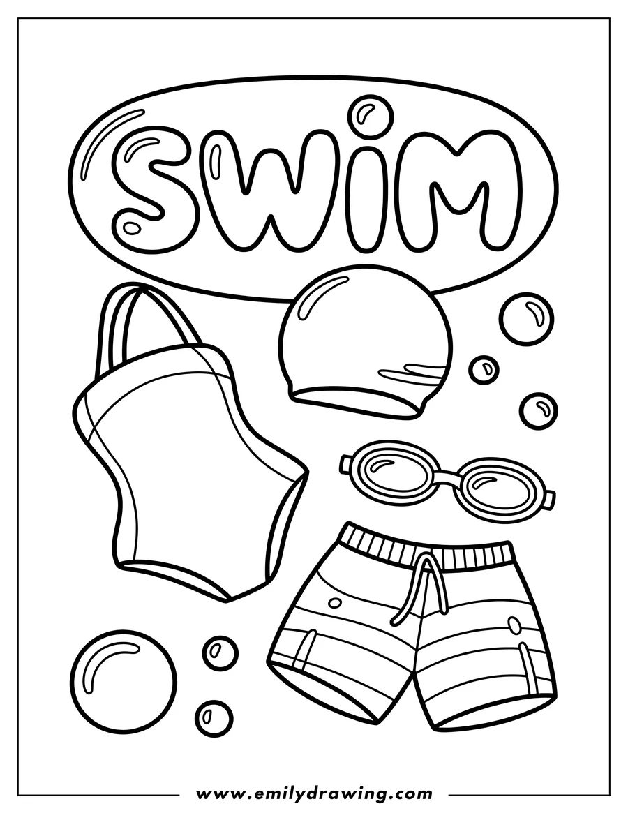 Outline of a collection of swimwear items including a one-piece swimsuit, swim trunks, swimming goggles, and a swimming cap, with bubbles and the word 'SWIM' in a bubble outline.