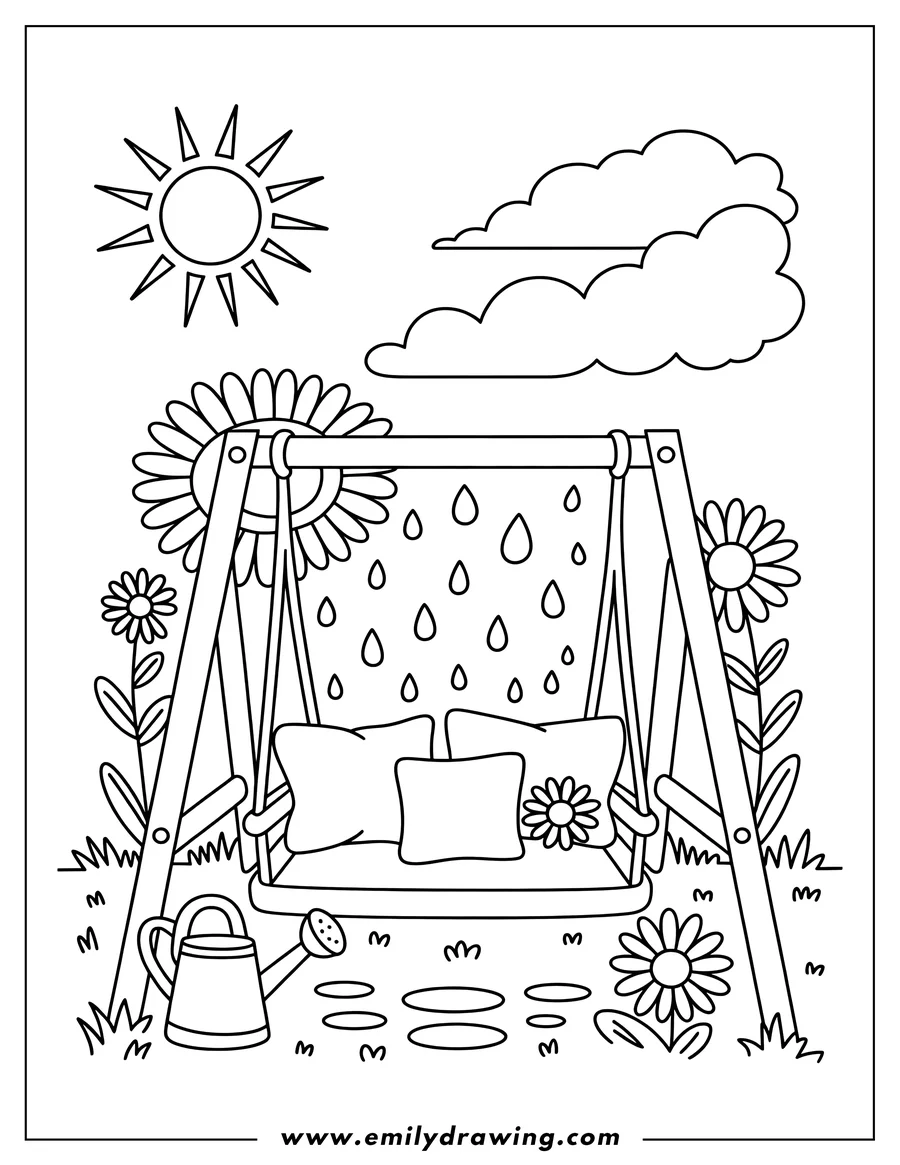 Outline of a garden scene with a swing set, cushions, a watering can, and various flowers, under a shining sun and clouds.