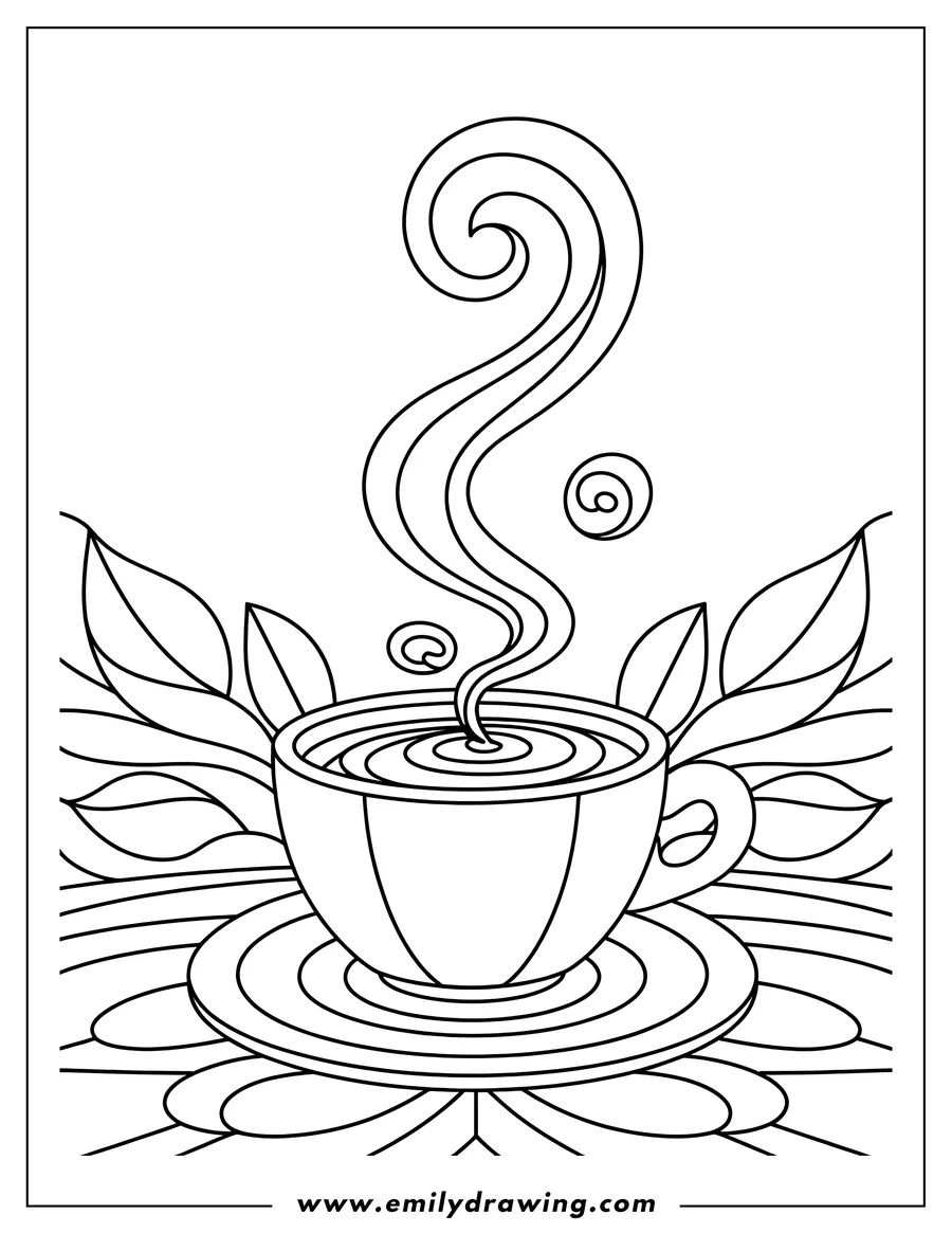Line art of a teacup with swirling steam rising from it, set on a decorative saucer.
