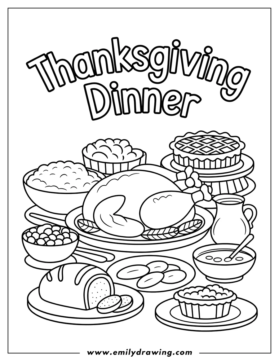 Line art illustration of a Thanksgiving dinner spread. A roasted turkey sits at the center, surrounded by bowls of mashed potatoes, cranberry sauce, gravy, and other traditional dishes. Two pies are also visible.