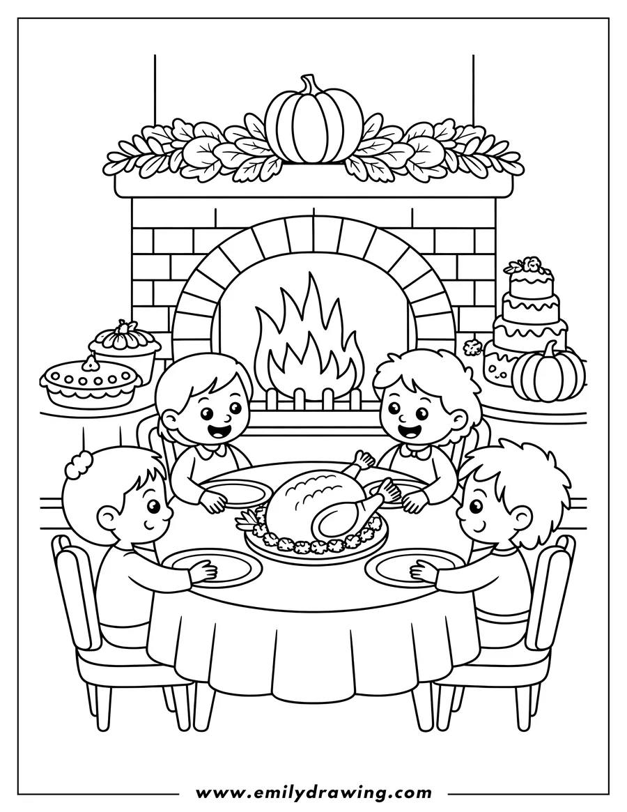 Line art of a family enjoying Thanksgiving dinner. Four children are sitting at a round table with a cooked turkey in the center. A fireplace with a pumpkin decoration and additional treats are visible in the background.