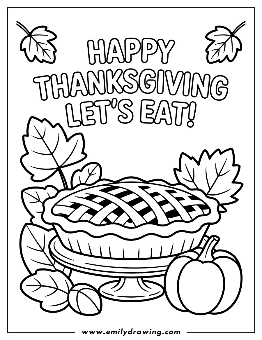 Line art featuring a lattice-crust pie resting on a pedestal stand, surrounded by large autumn leaves, acorns, and a pumpkin. The text reads,