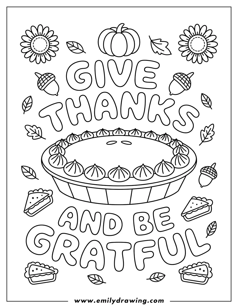 Line art of a Thanksgiving pie surrounded by festive decorations like a pumpkin, flowers, acorns, and pie slices. The words