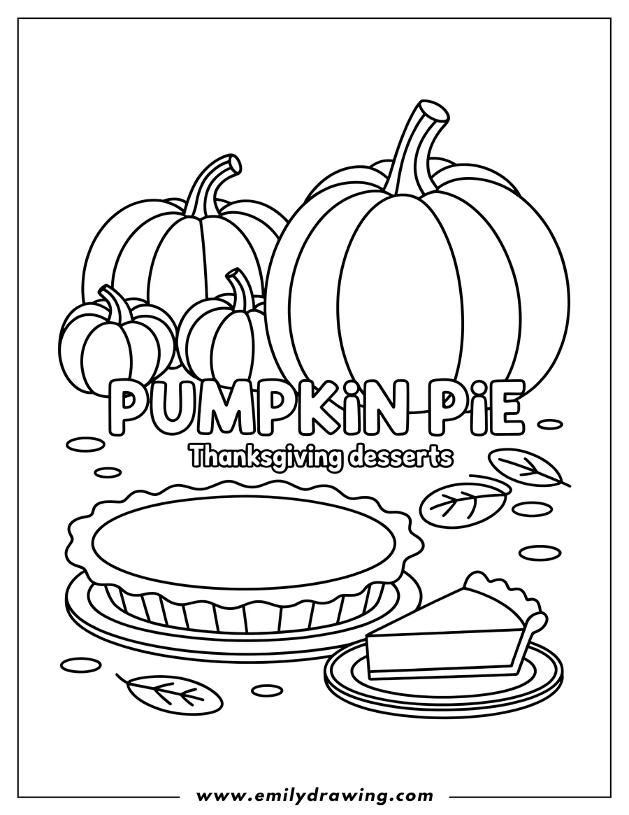 Outline of a whole pumpkin pie and a separate slice of pie on plates, surrounded by large and small pumpkins, emphasizing a Thanksgiving dessert theme.