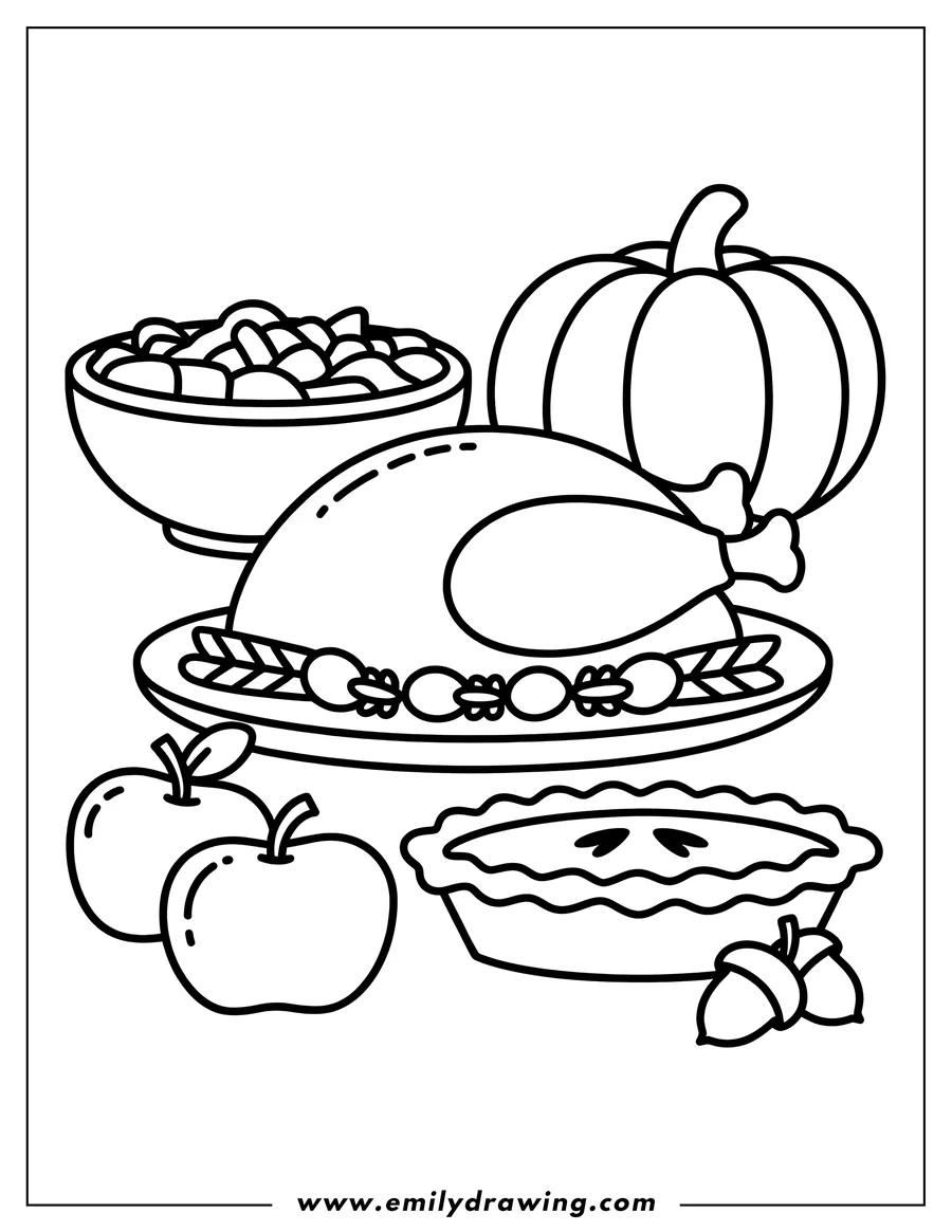 Line art illustration of a Thanksgiving feast with a roasted turkey, a whole pumpkin, a bowl of mashed potatoes or stuffing, two apples, an apple pie, and some acorns.