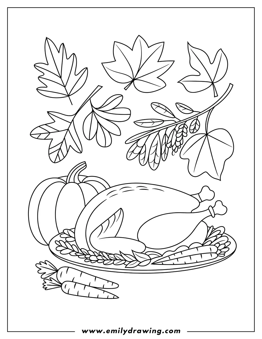 Outline of a Thanksgiving turkey dinner with carrots, pumpkin, and fall leaves.