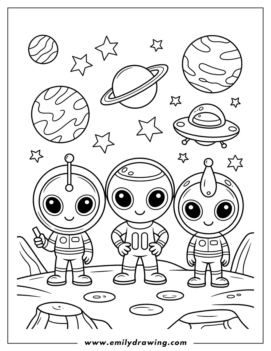 Line art of three cute aliens standing on a planet surface, surrounded by stars, planets, and a flying saucer.