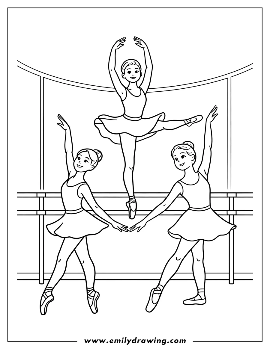 Outline of three ballerinas dancing in a studio. One ballerina is mid-leap, while two others support her with their hands, all wearing ballet shoes.