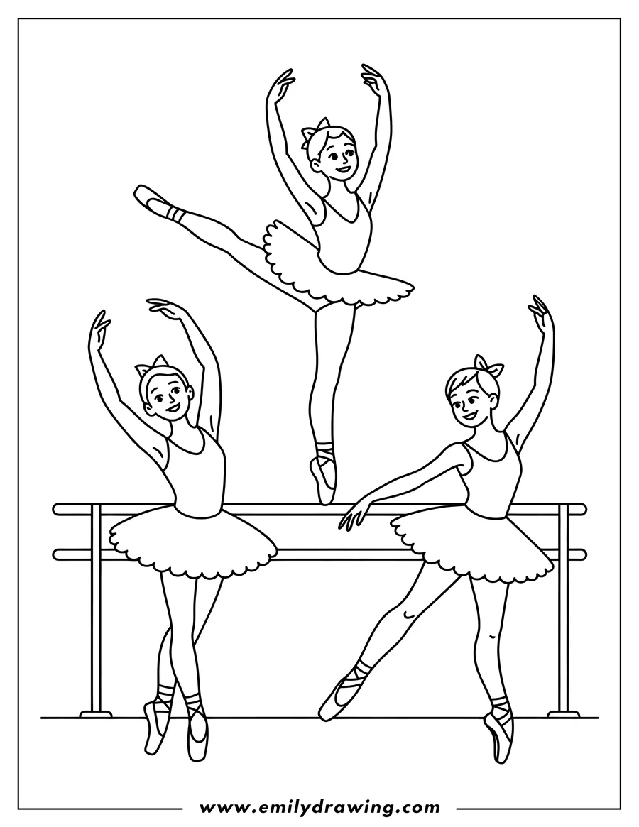 Outline of three ballerinas in tutus. One ballerina is balancing on one foot, while two others are practicing at the barre.