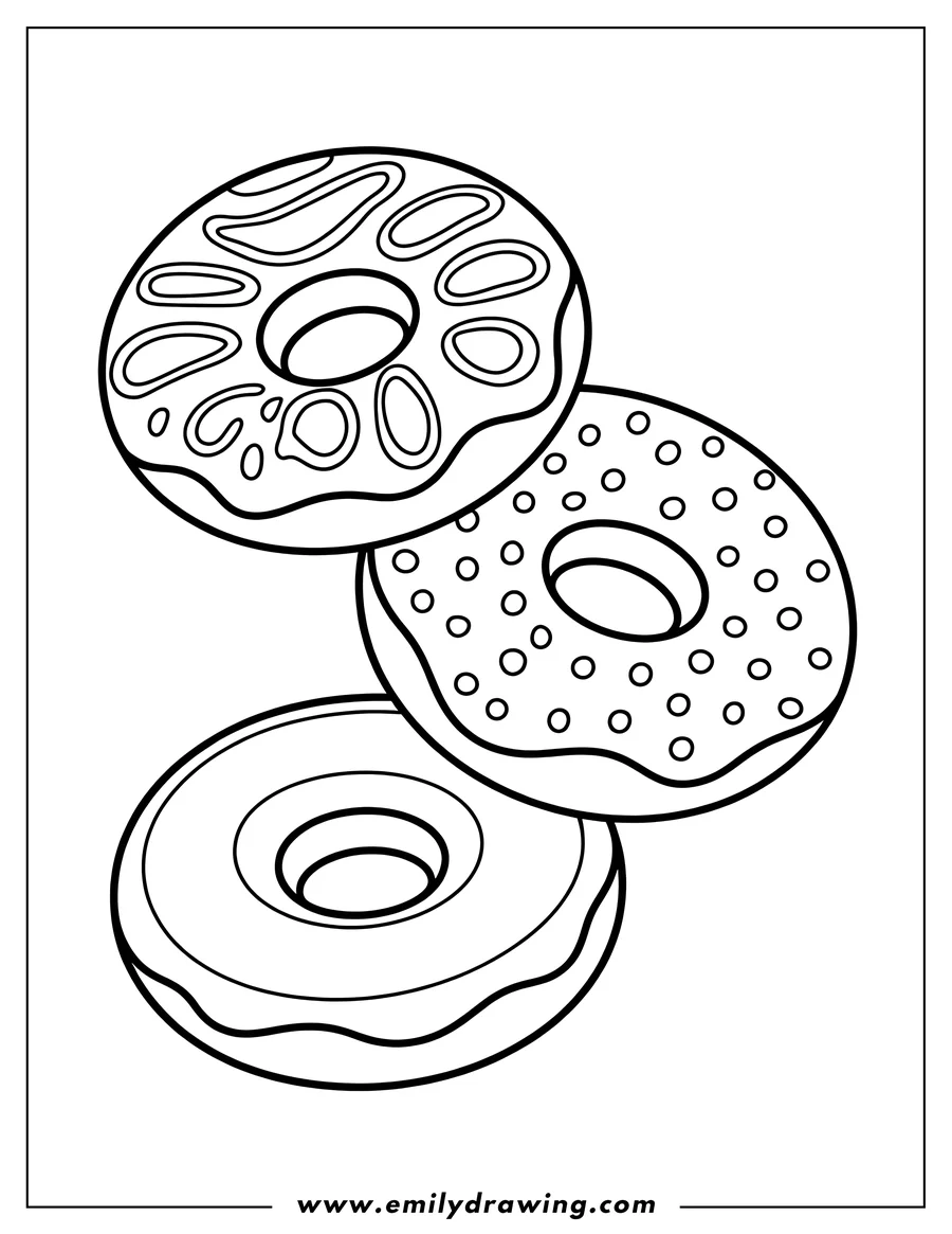 Outline of three donuts stacked on top of each other. The top donut has a swirled icing design, the middle is covered in dots, and the bottom one is plain.