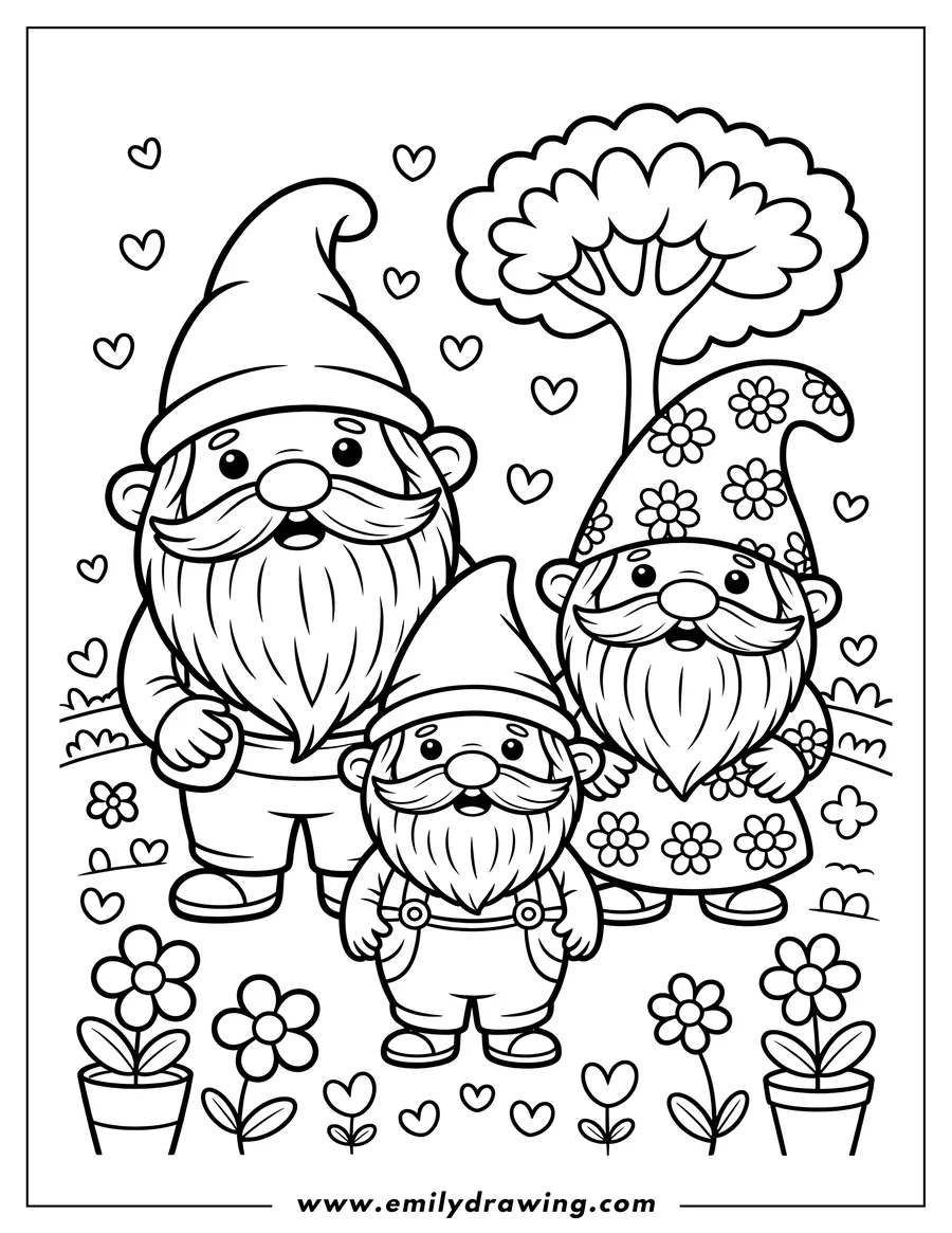 Outline of three happy gnomes standing together in a whimsical garden setting. They are surrounded by potted flowers, a small tree, and floating hearts. One gnome wears a floral-patterned outfit.