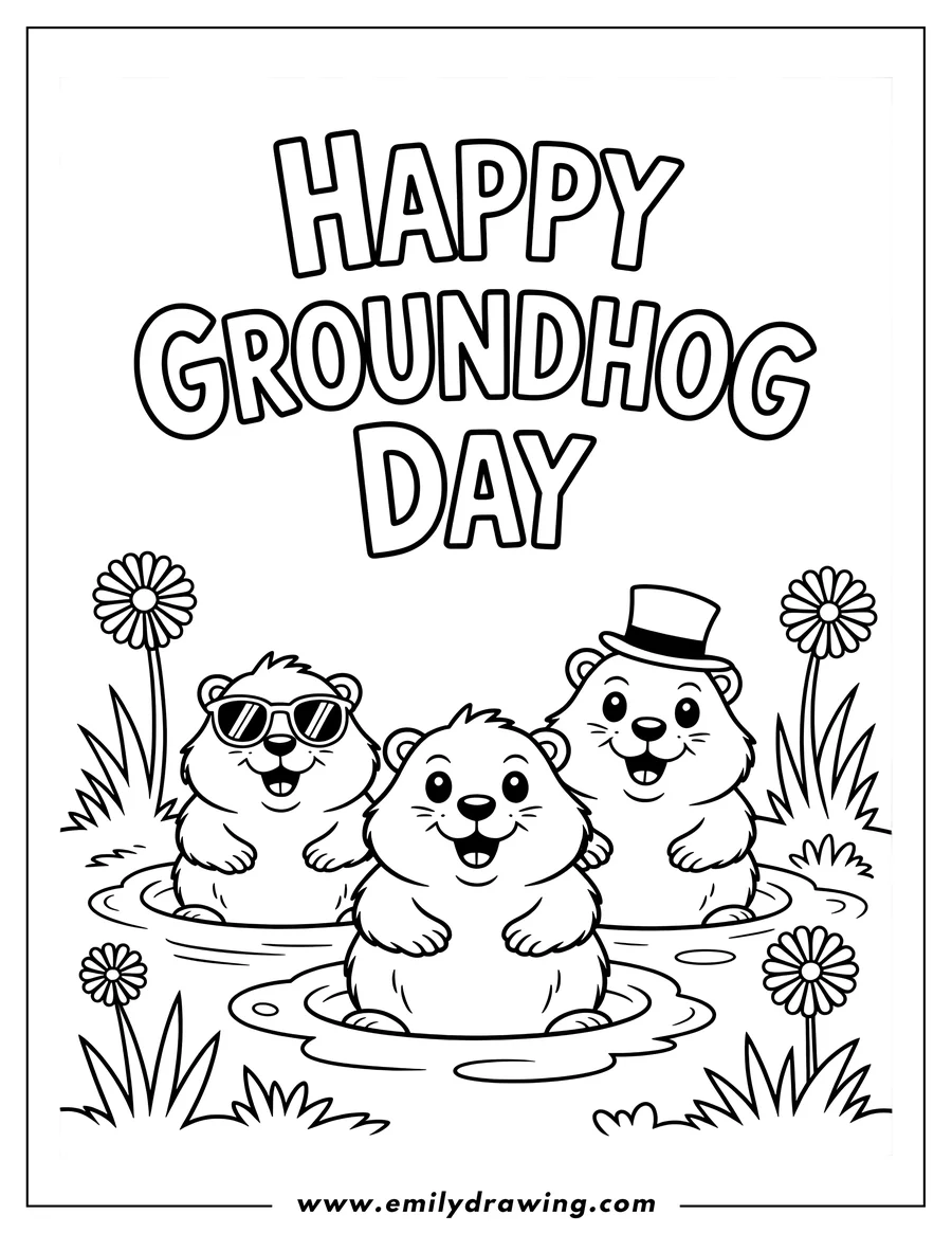 Outline of three cheerful groundhogs emerging from the ground among flowers and grass. One groundhog wears a top hat, and another wears sunglasses. Large text above reads, 'HAPPY GROUNDHOG DAY.'