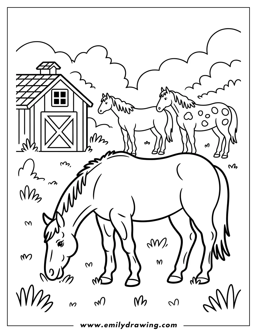 Line art of three horses in a grassy field. One large horse is grazing in the foreground while two smaller horses stand near a farm barn in the background.