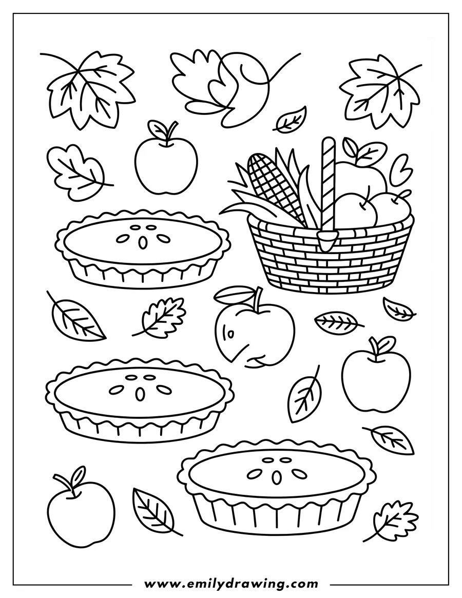 Outline of three whole pies arranged with a harvest basket containing apples and corn, surrounded by various fall leaves.