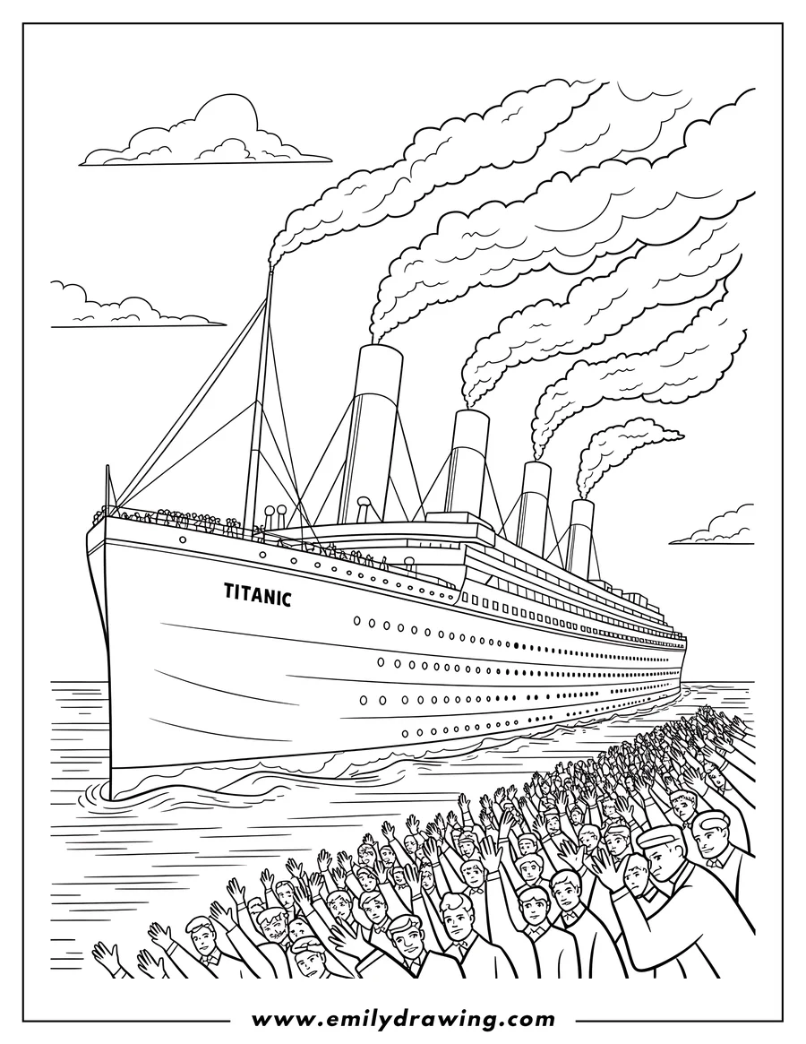 Outline of the Titanic ship with a crowd of people cheering on the shore.