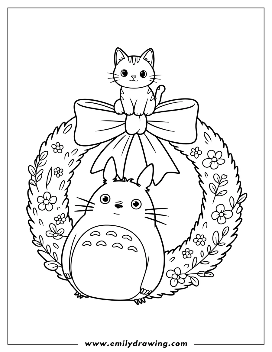 Line art of Totoro sitting within a floral wreath, with a small cat perched on top of a bow on the wreath.