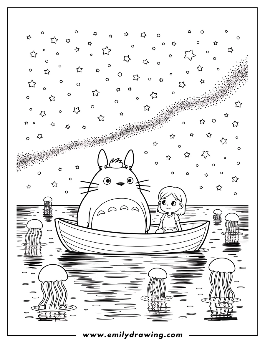 Outline of Totoro and a small girl sitting in a rowboat, surrounded by jellyfish in the water, with a starry night sky above.