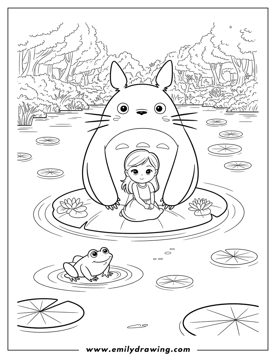 Line art of Totoro and a small girl sitting together on a large lily pad, with a smiling frog in the water nearby and lily pads scattered around. A forest is visible in the background.