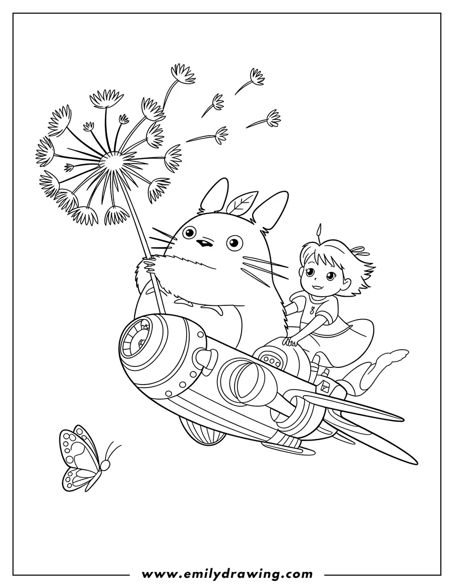 Line art of Totoro and a small girl riding a rocket ship, with Totoro holding a dandelion puff. A butterfly flies next to them.