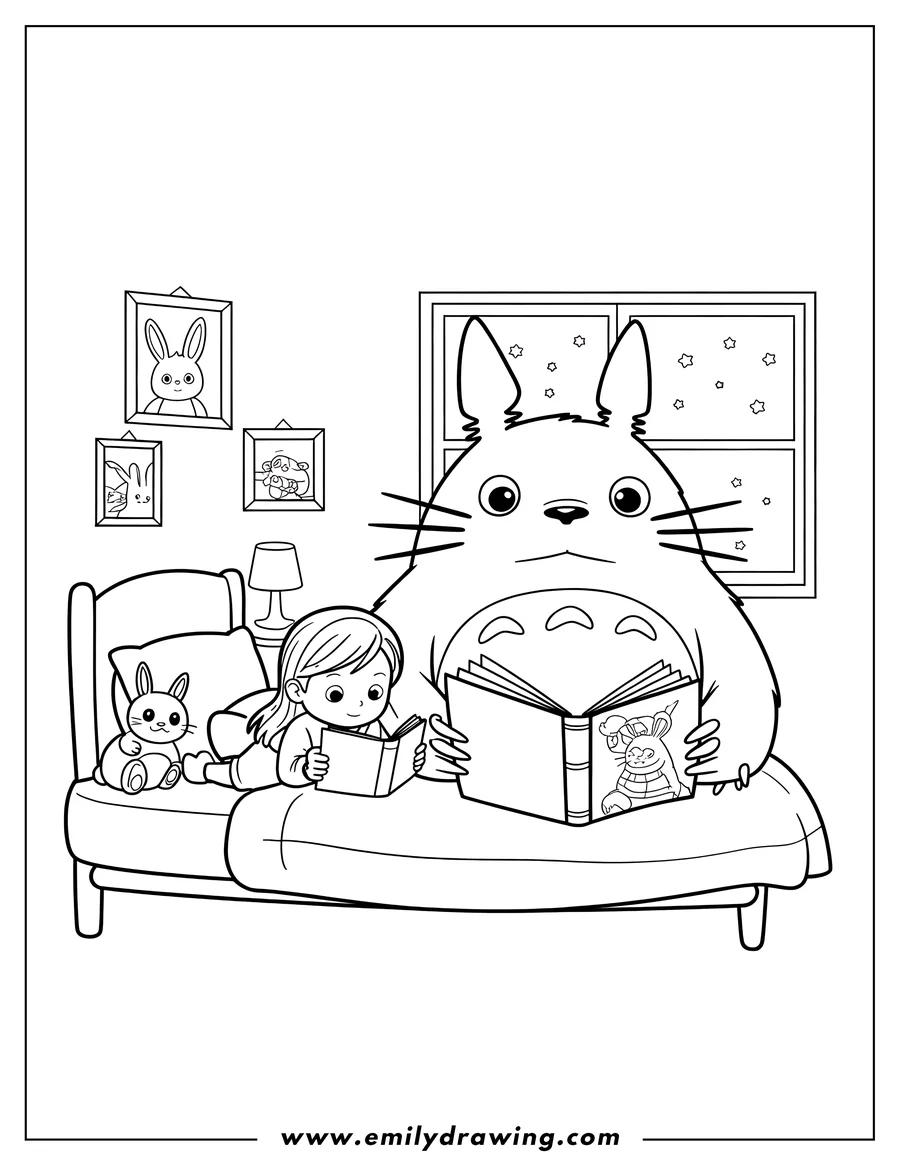 Line art of a large Totoro creature and a small girl sitting on a bed, both reading books. A bunny plushie sits next to the girl, and bunny pictures hang on the wall.