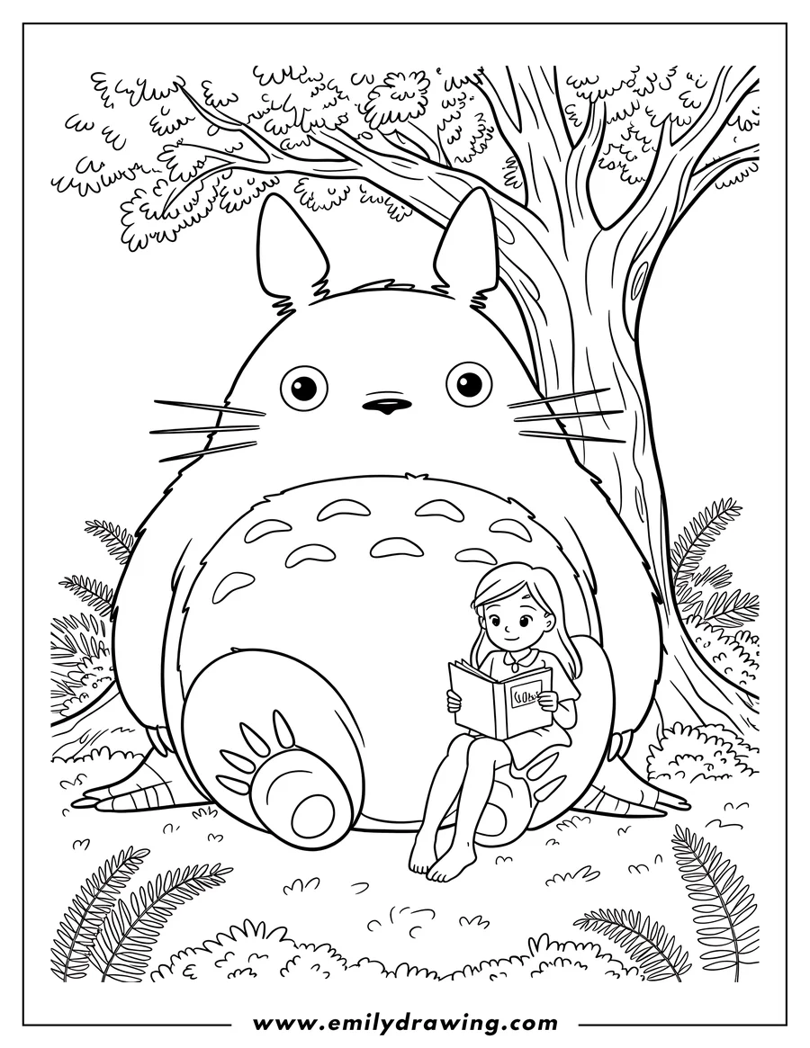 Line art of a large Totoro sitting by a tree with a young girl reading a book next to him, surrounded by bushes and ferns.