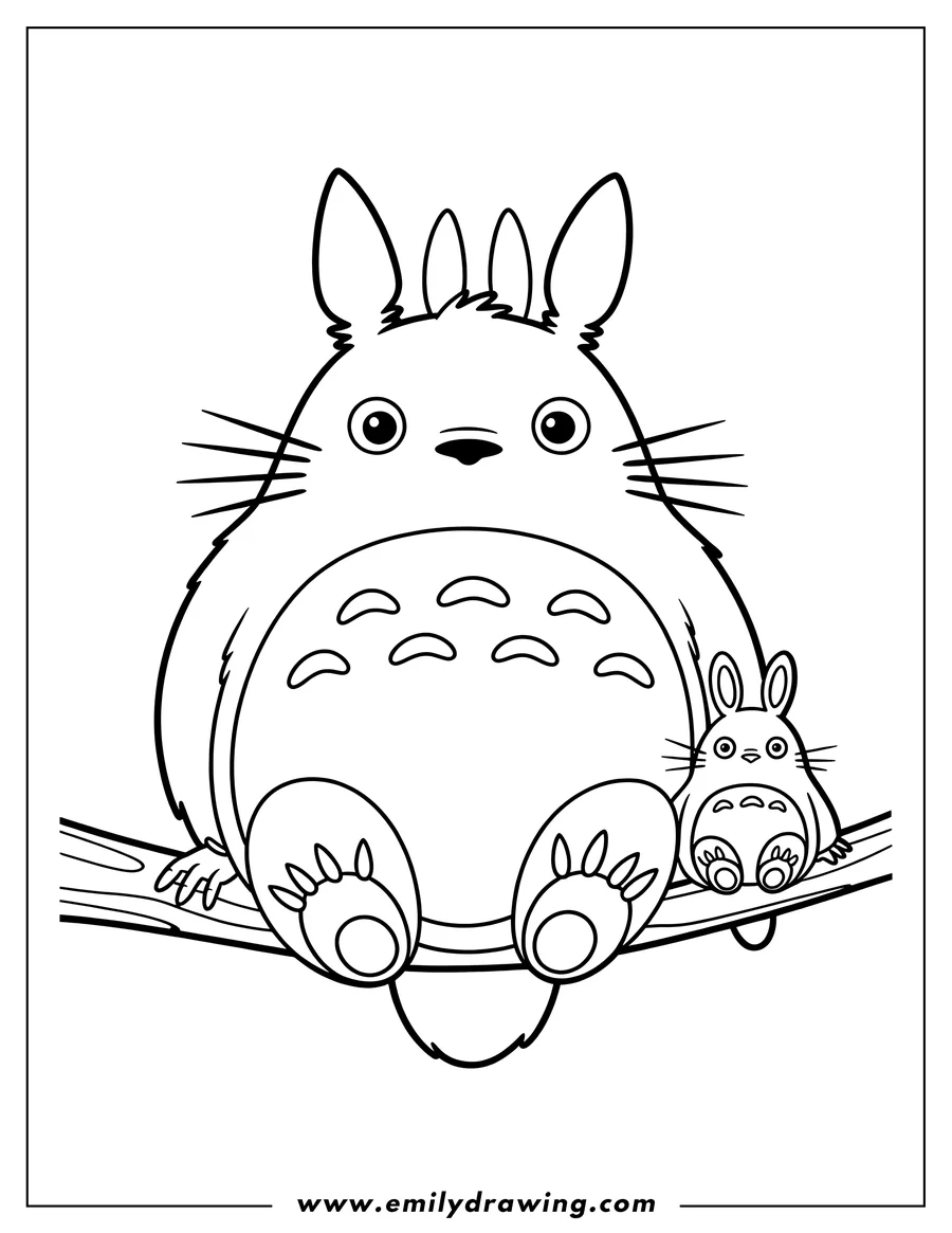 Line art of a large Totoro character sitting on a tree branch with a smaller Totoro beside it. Both characters have round bodies, large eyes, whiskers, and distinctive belly markings.