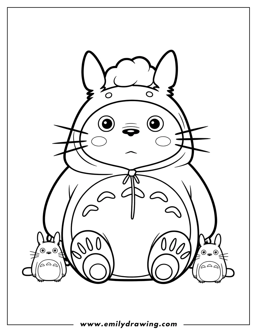 Line art of a large Totoro character sitting, flanked by two smaller Totoro characters on either side.