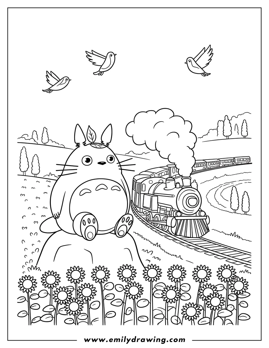 Outline of Totoro sitting in a sunflower field with a leaf on its head, watching a steam train pass by on tracks, with three birds flying above.