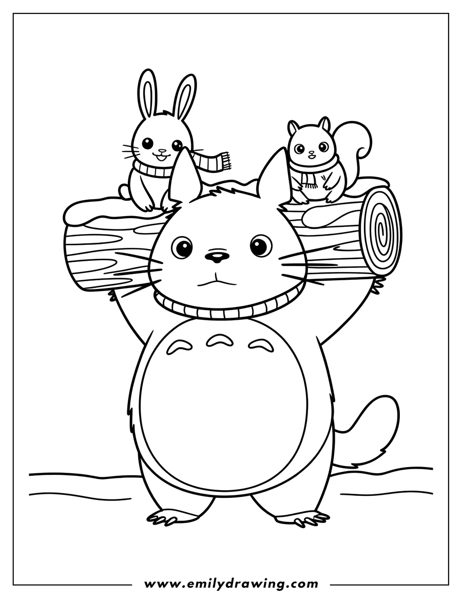 Outline of Totoro holding a log over its head, with a small rabbit and a squirrel wearing scarves sitting on the log.