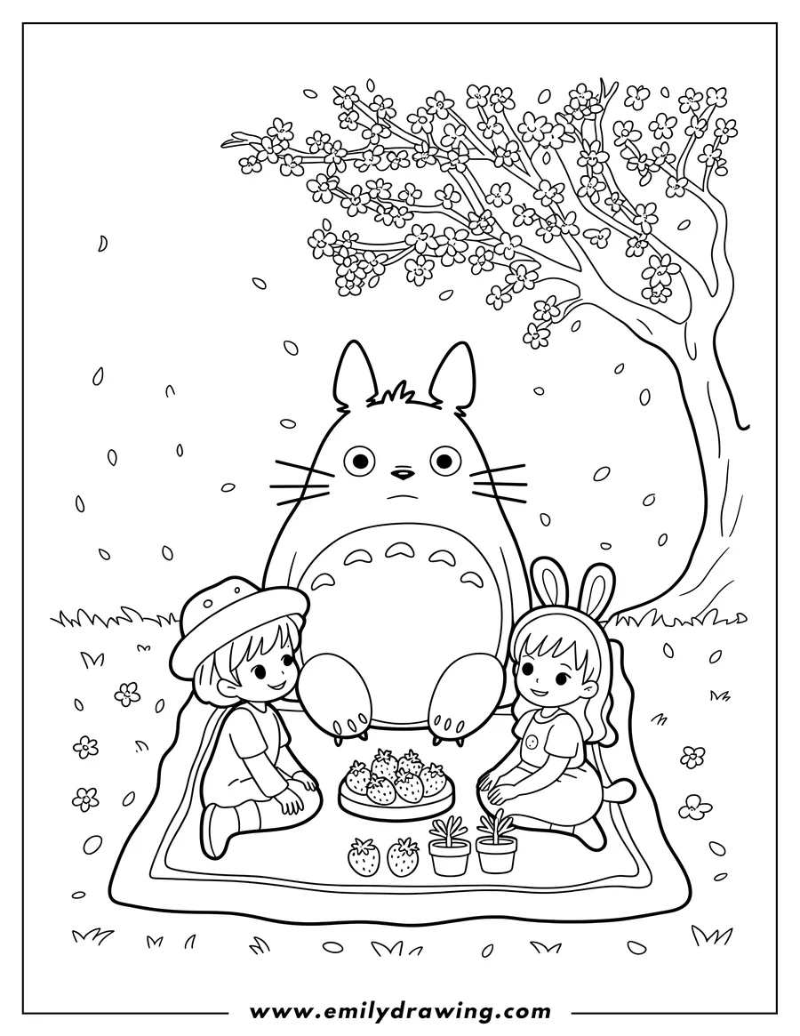 Line art of Totoro with two children having a picnic under a flowering tree, with falling petals and strawberries on a blanket.