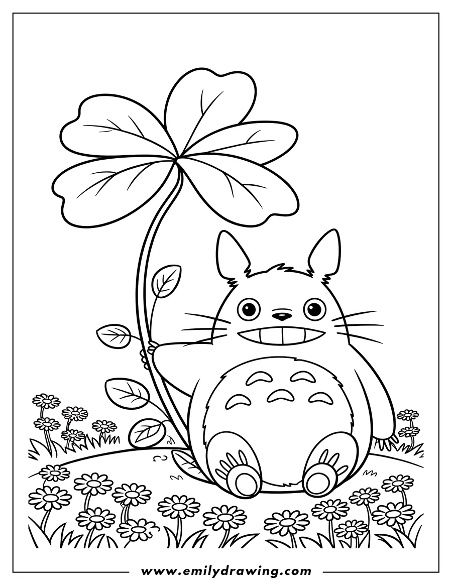 Line art of Totoro sitting in a field of flowers, holding a large four-leaf clover.