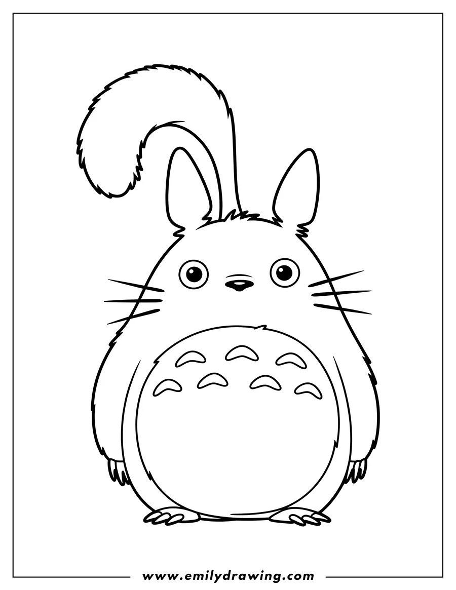 Line art of the friendly forest spirit, Totoro, standing facing forward with big eyes, whiskers, and a fluffy curled tail.